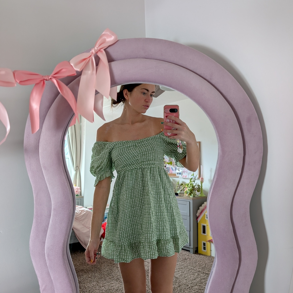 Green Gingham Off-Shoulder Mini Dress Size Medium